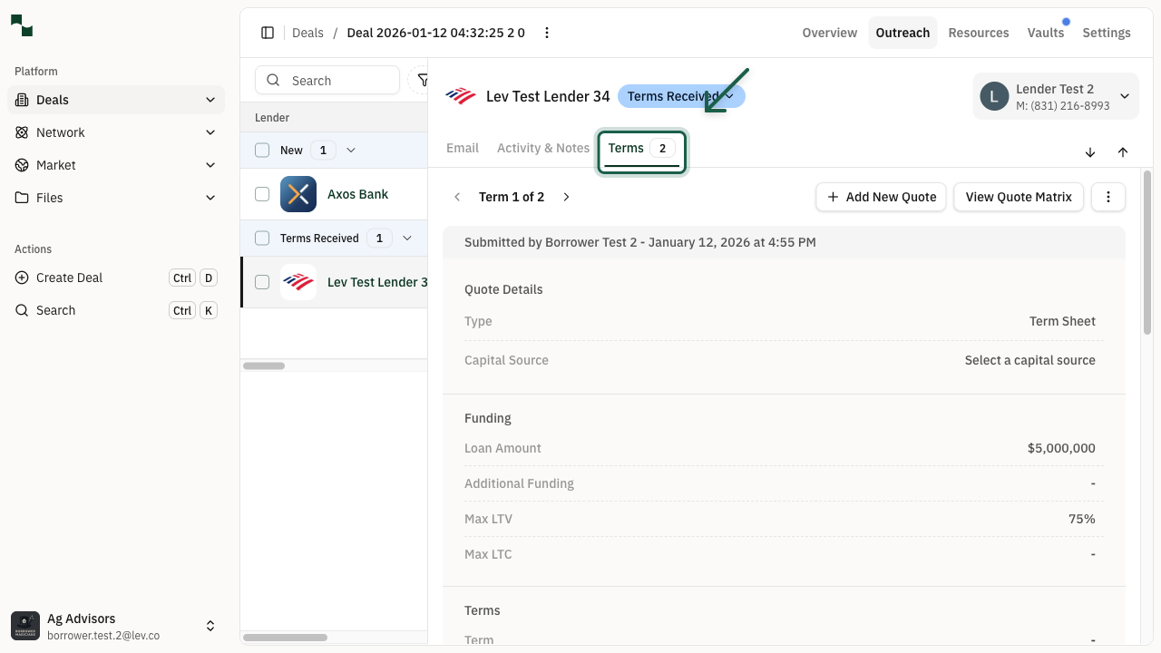 Success state showing quote added with Terms badge
