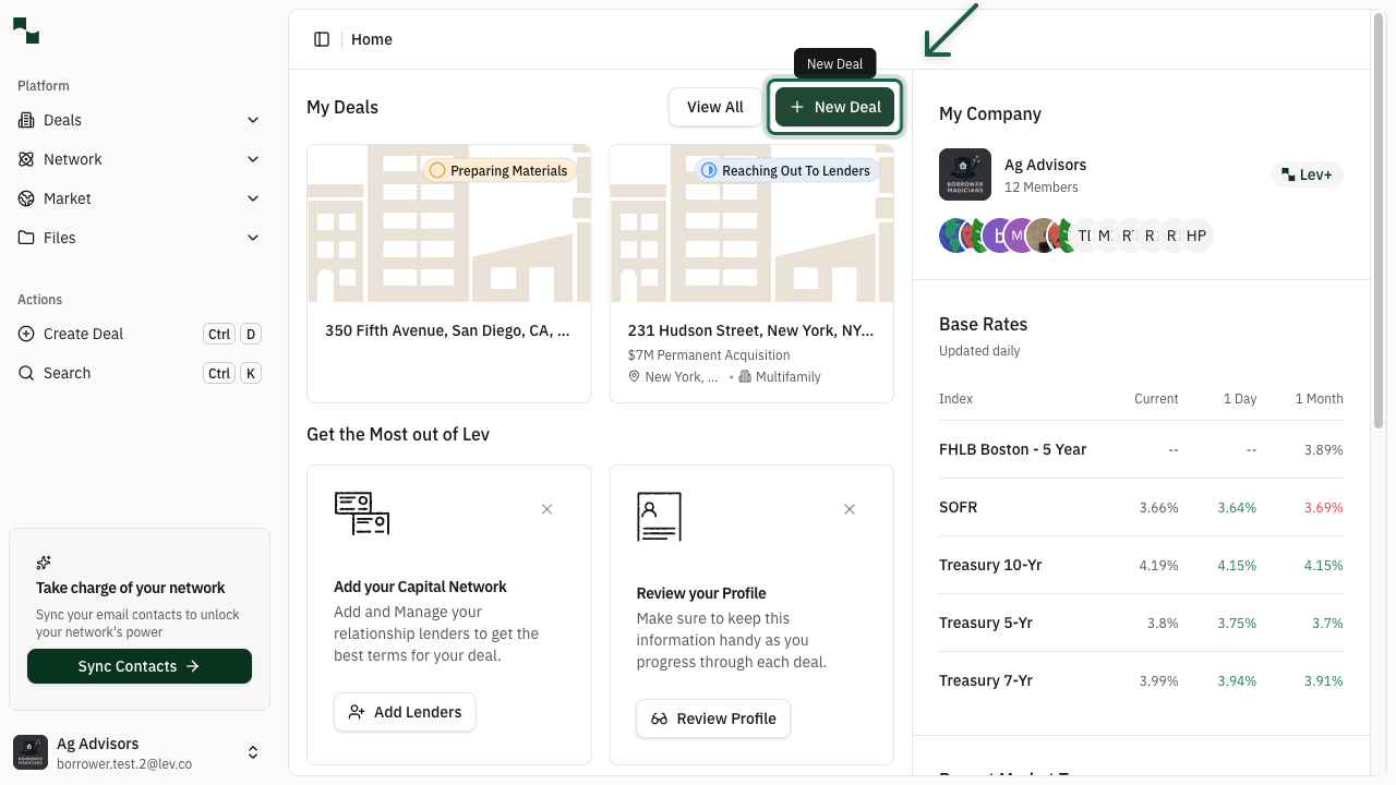 Dashboard with Create Deal button