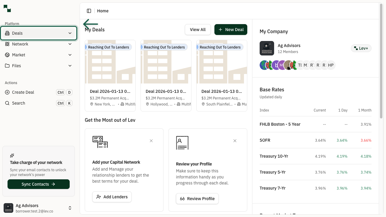 Dashboard showing Deals navigation button
