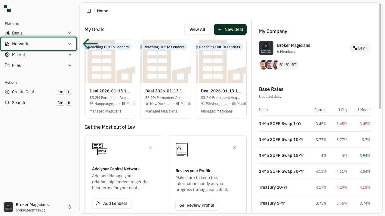 Dashboard showing Network button in sidebar