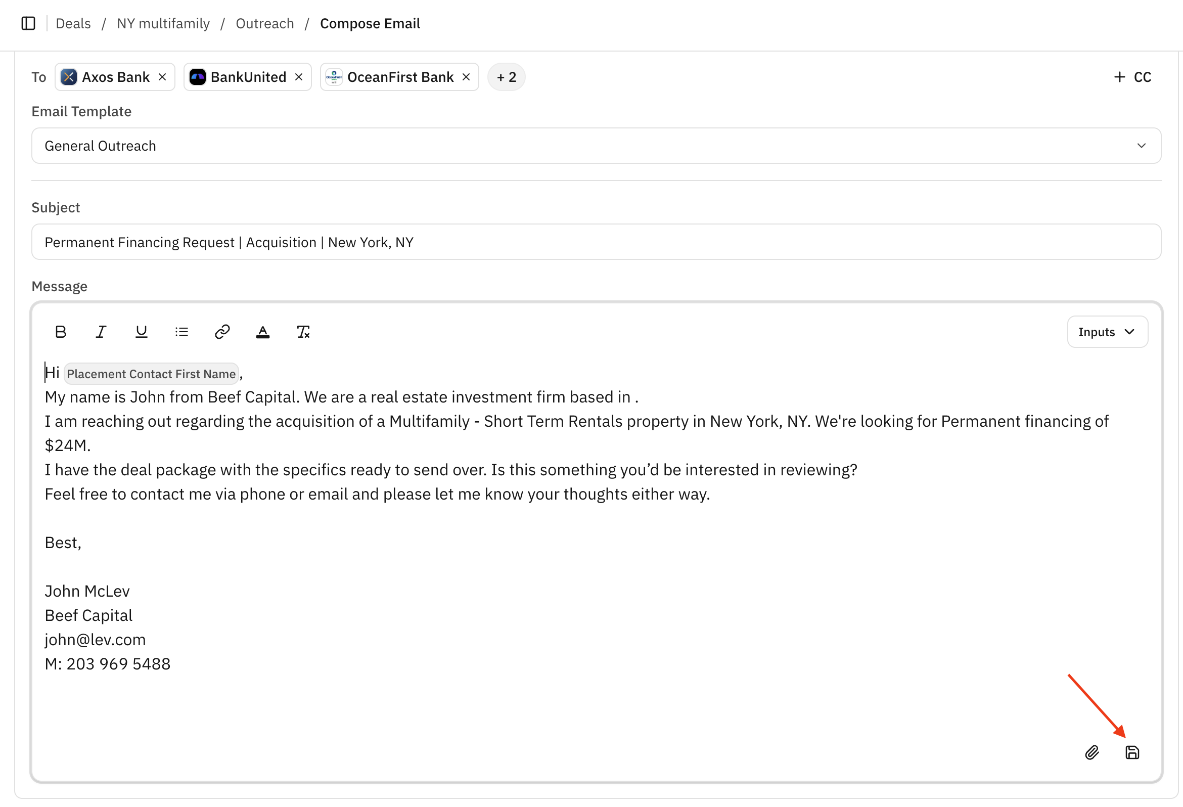The bottom of the email body showing the attach files and save template buttons