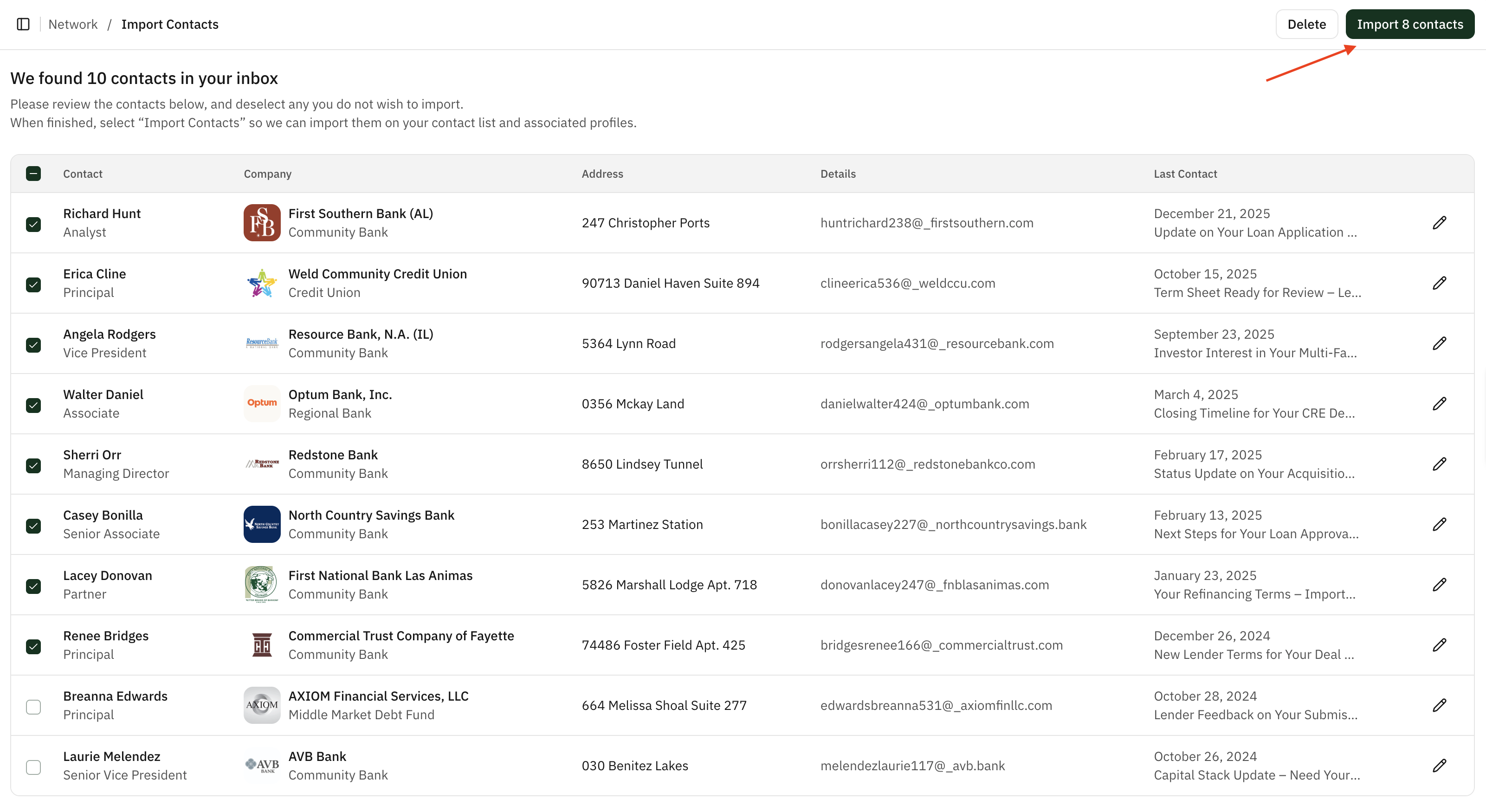 The Import button in the top right corner to finalize the contact sync