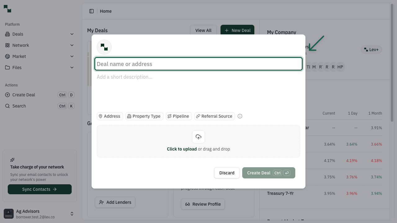 Create Deal modal with address input highlighted