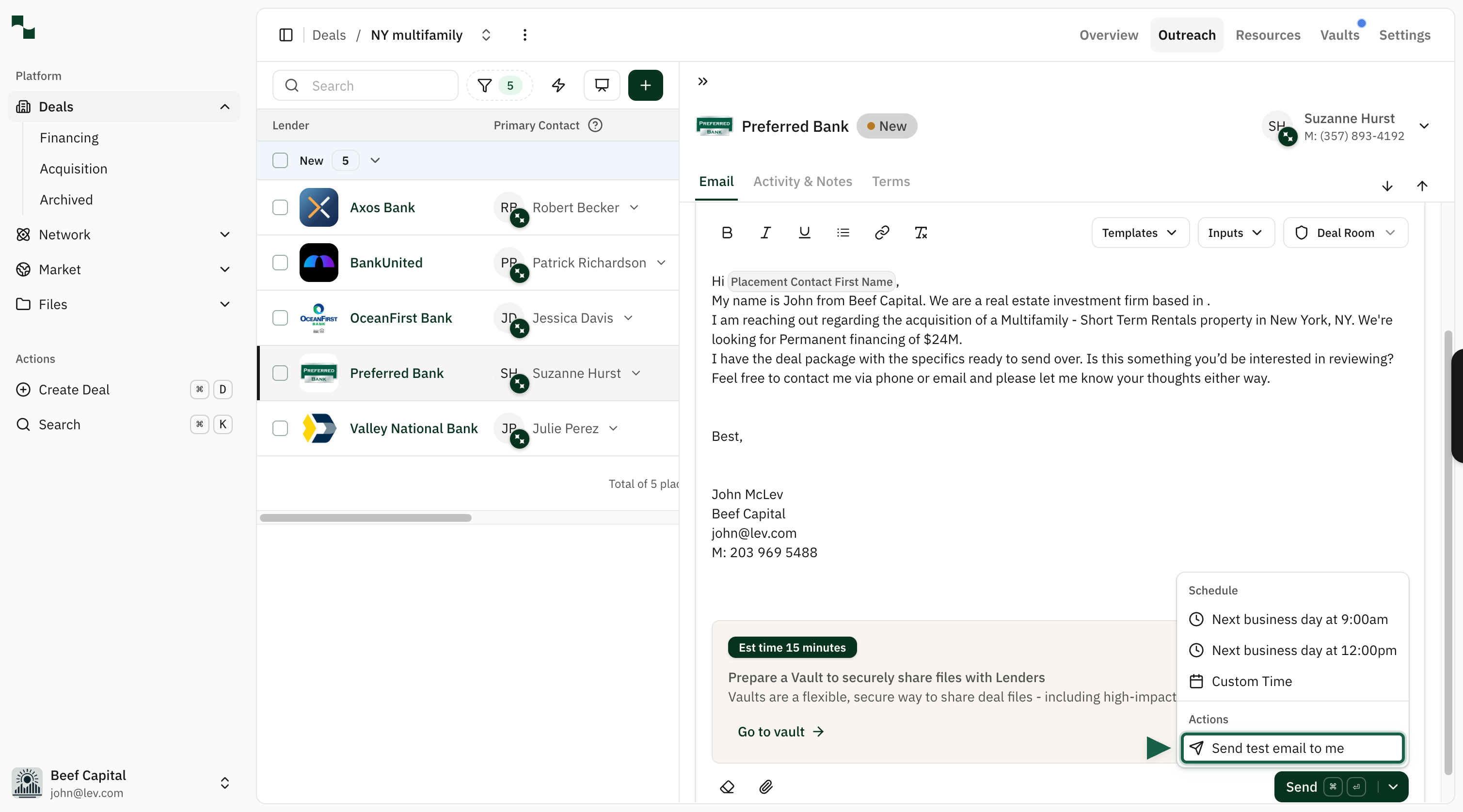 Send button dropdown showing the Send test email to me option highlighted