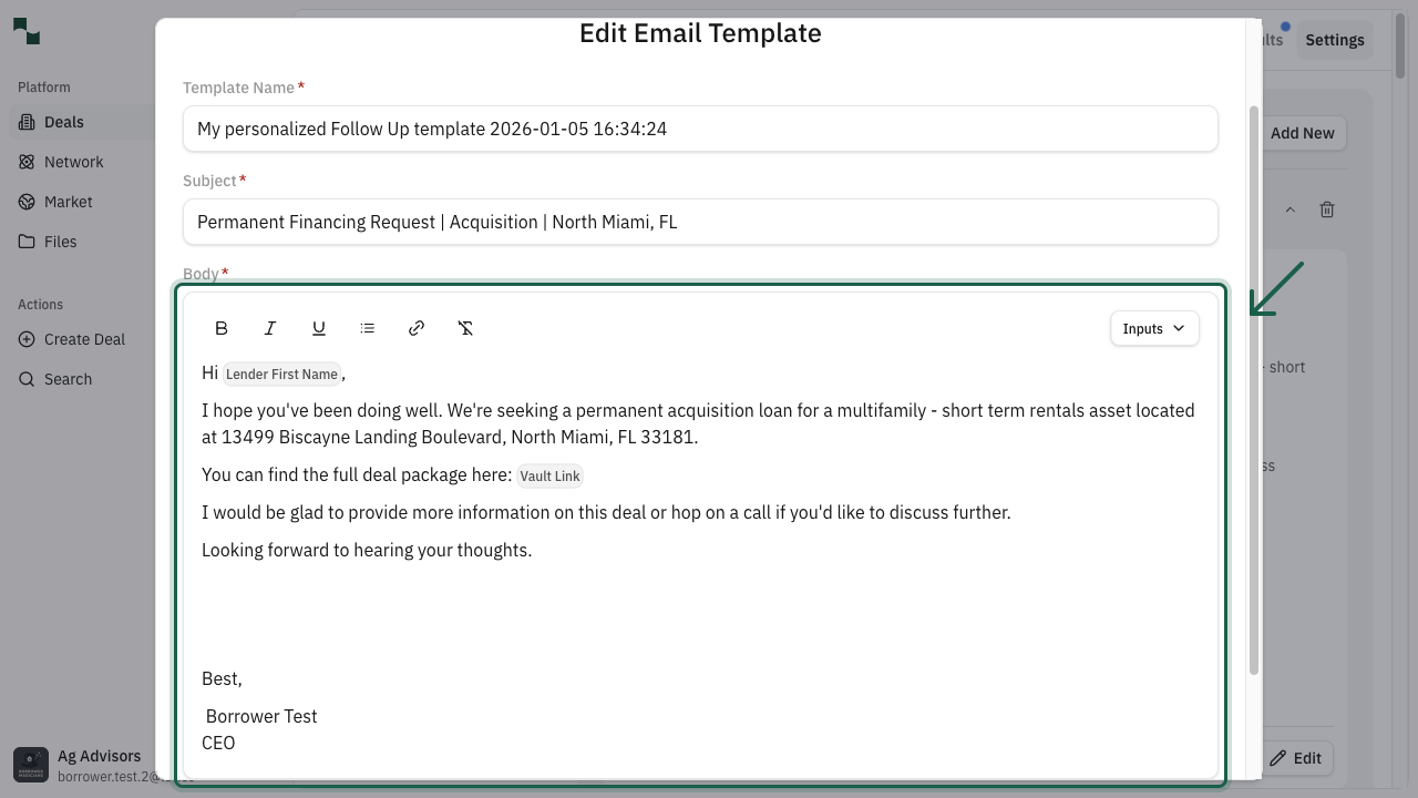 Edit Email Template modal with body field highlighted