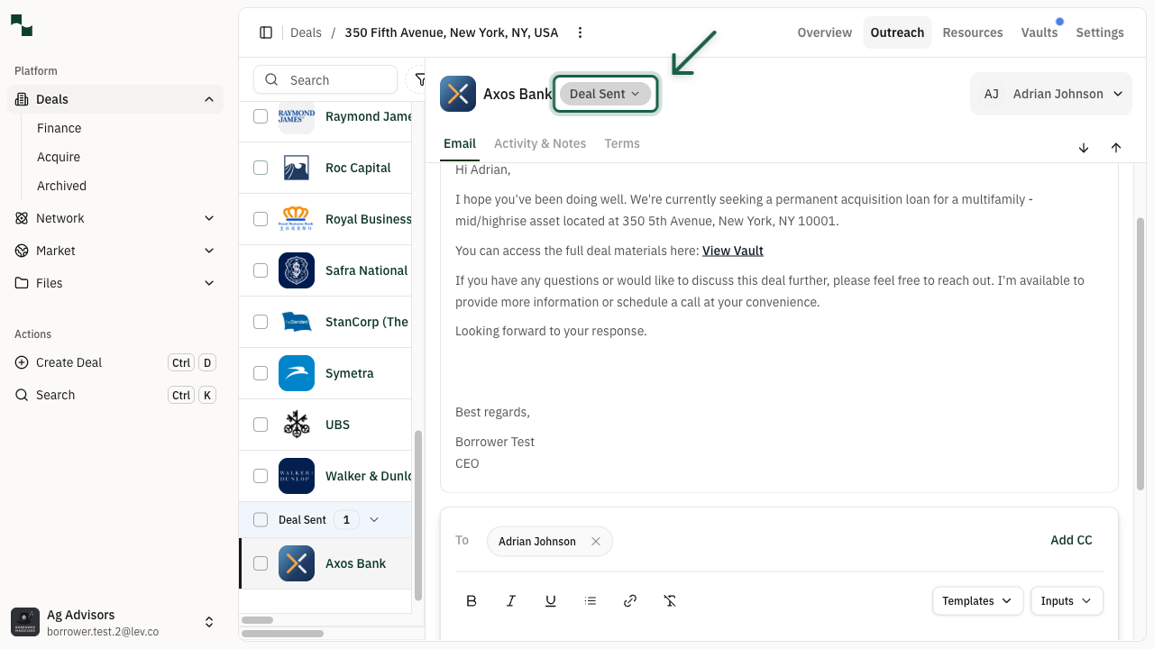 Side panel showing lender with Deal Sent status