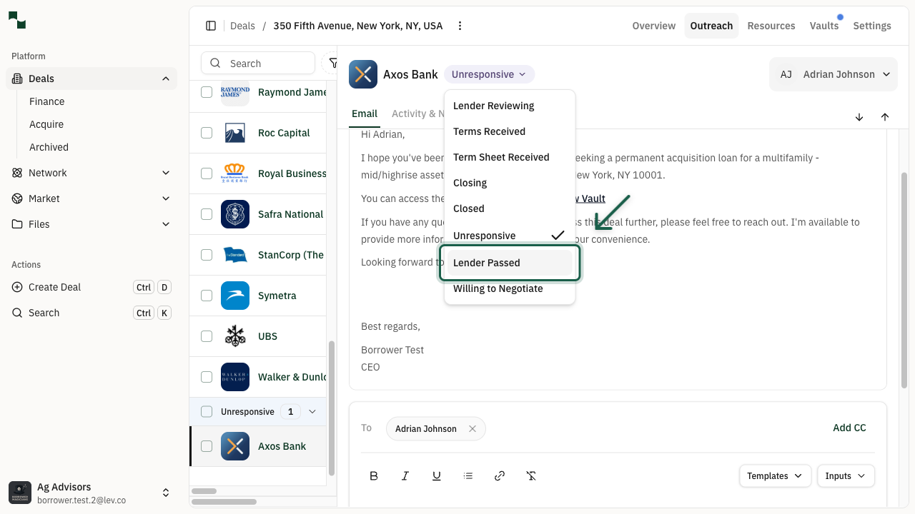 Status dropdown with Lender Passed option highlighted