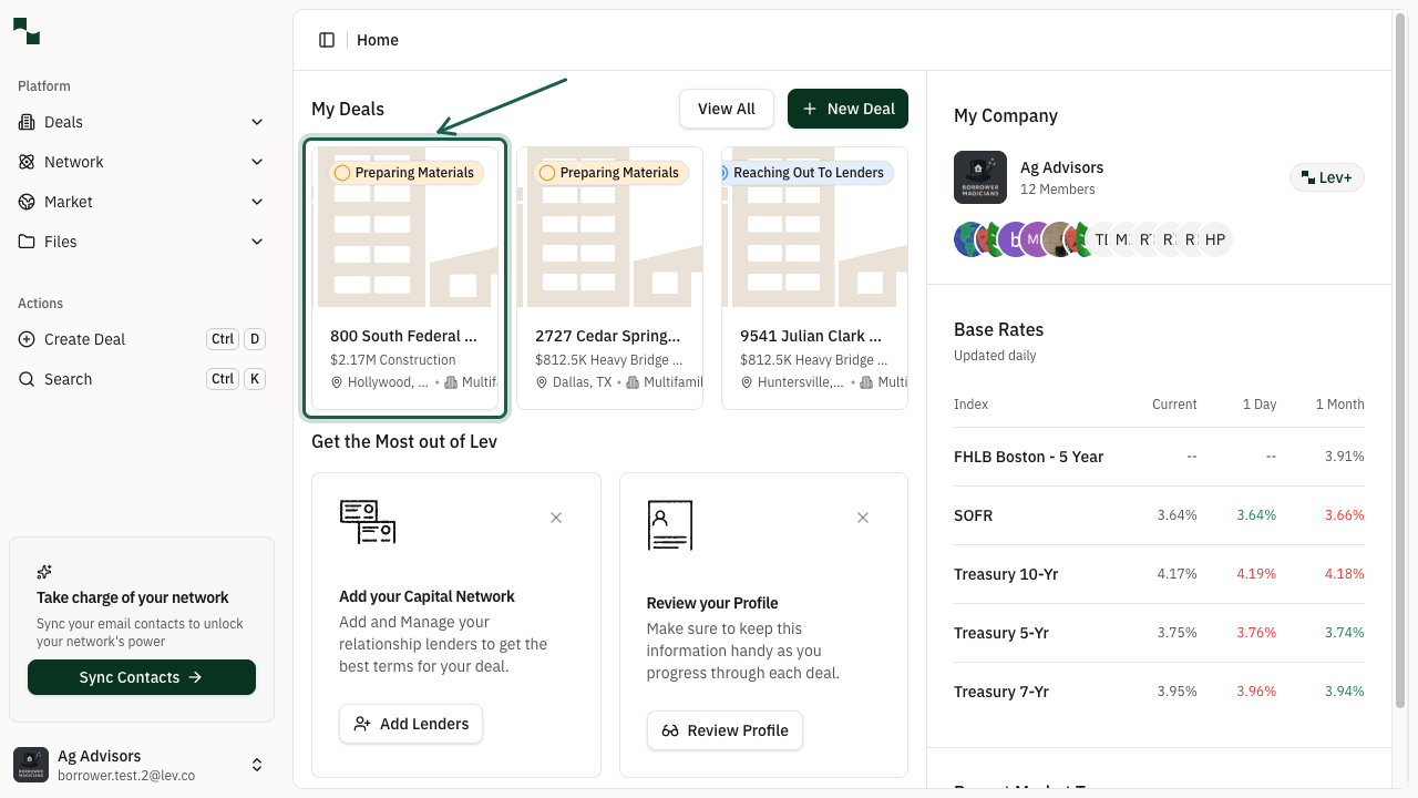 Dashboard showing deal cards with one highlighted
