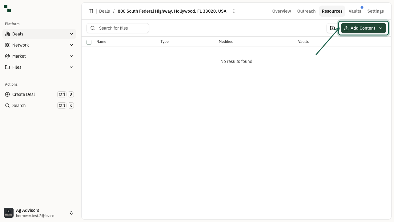 Resources page with Add Content button highlighted