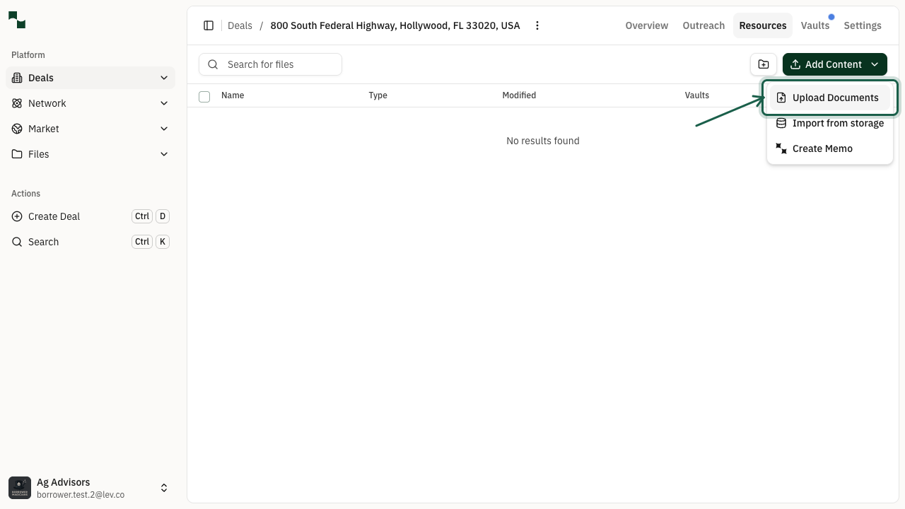 Add Content dropdown with Upload Documents option highlighted